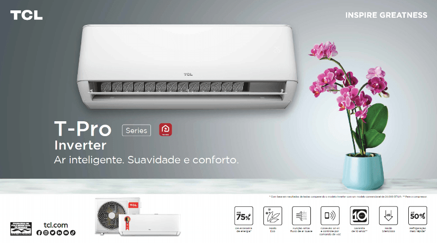TCL anuncia a chegada do novo ar-condicionado Split HW Inverter T-Pro ao mercado brasileiro, com sistema brisa e WiFi